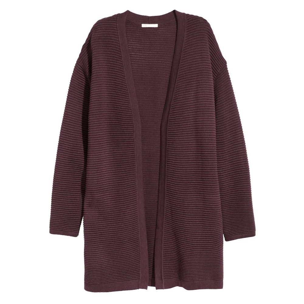 H&M Basic Ribbed Knit Open Front Long Cardigan Sweater Burgundy XS‎ S